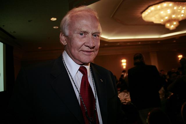Apollo 11 astronaut  and member of the NSS Board of Governors Buzz Aldrin arrives at a luncheon at the International Space Development Conference  