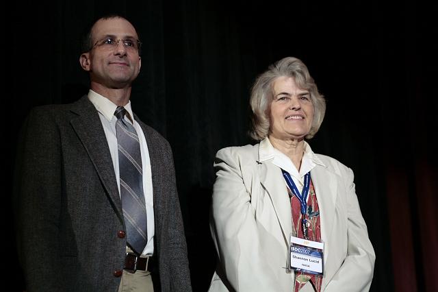 Astronauts Donald Pettit and Shannon Lucid onstage at the International Space Development Conference  