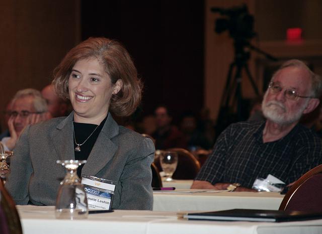NASA's Laurie Leshin (L) and Dr. Kenneth Cox listen to Pete Worden's speech at the International Space Development Conference  